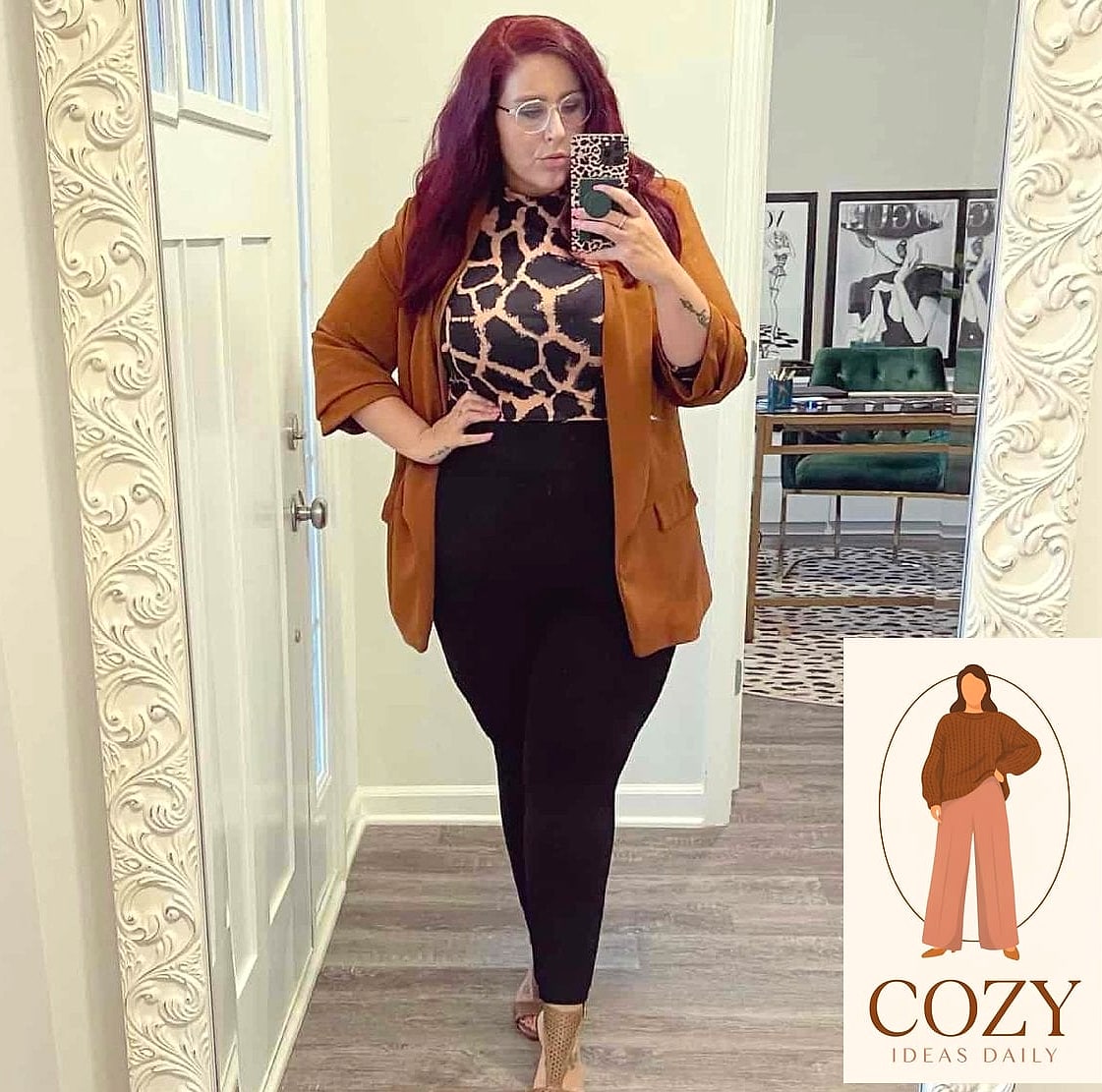 Animal Print Blouse with Tailored Trousers