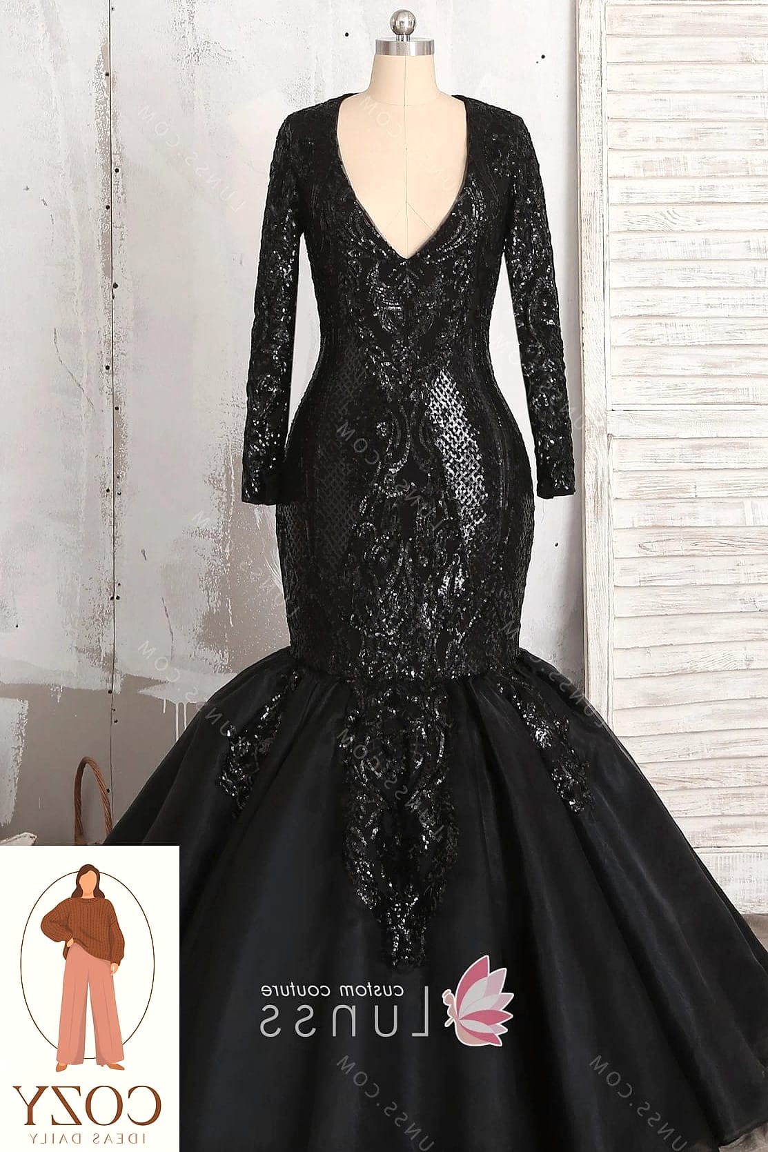 Black Sequin Gown With Feather Trim