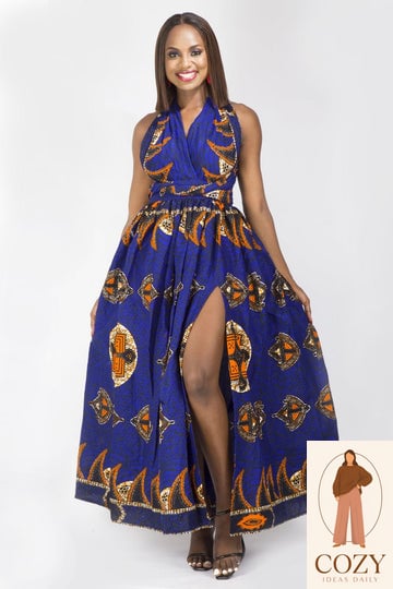 Blue Orange African Ankara Print Plus Size Clothing Party Dress