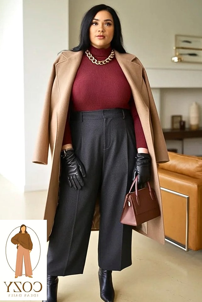 24 Plus Size Looks For Winter That Are Absolutely Stunning 6 Burgundy Wrap Dress With Knee-High Boots