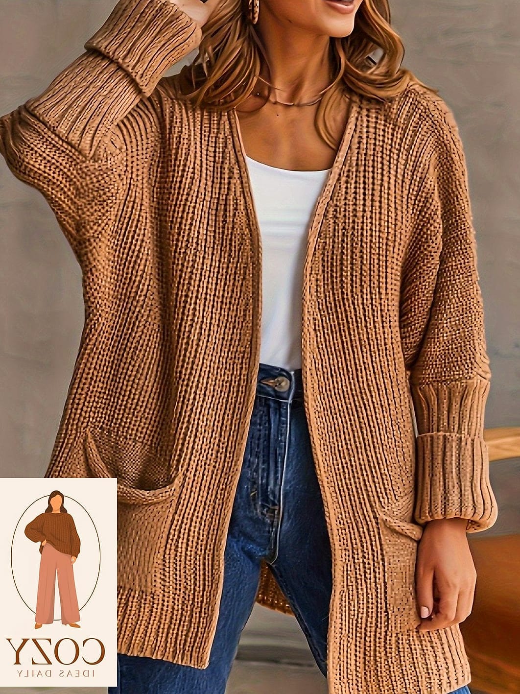 Chunky Cardigan Over a Collared Shirt