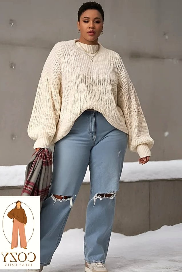 24 Plus Size Looks For Winter That Are Absolutely Stunning 3 Chunky Knit Sweater With Wide-Leg Trousers