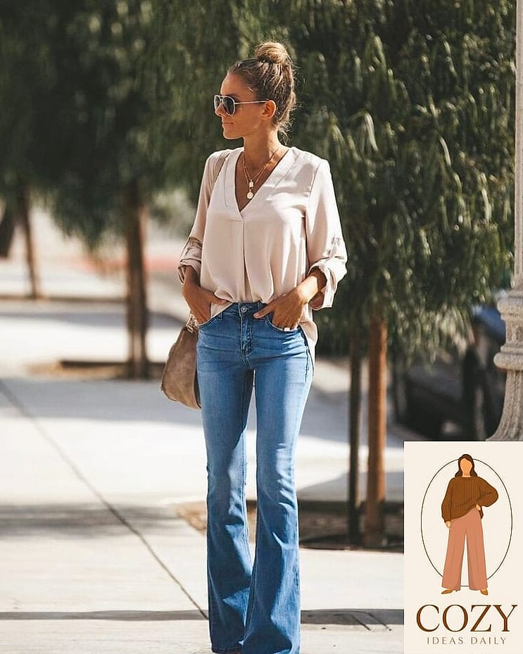 Flare Jeans with a Tucked Blouse