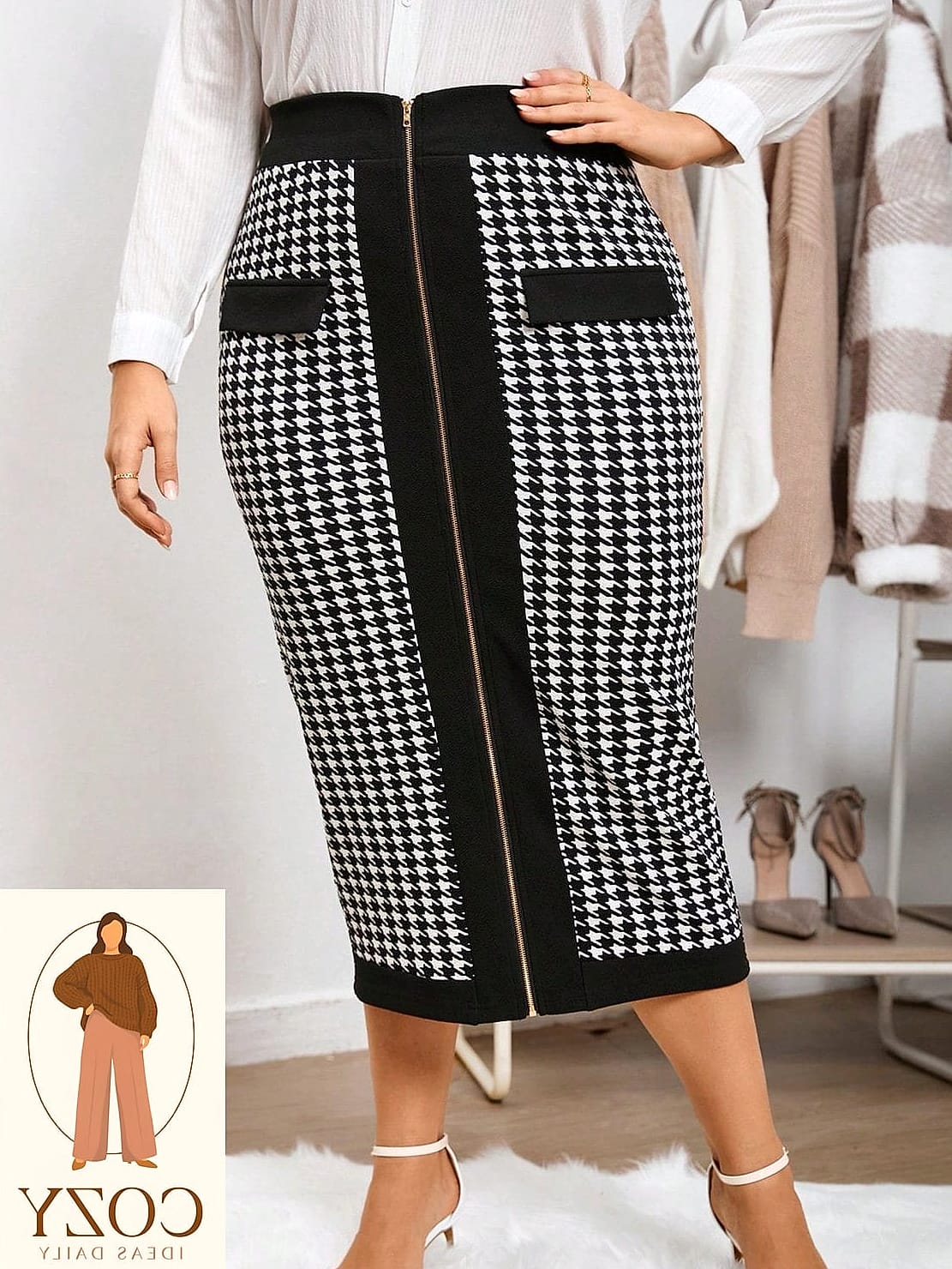 Houndstooth Skirt with a Fitted Turtleneck