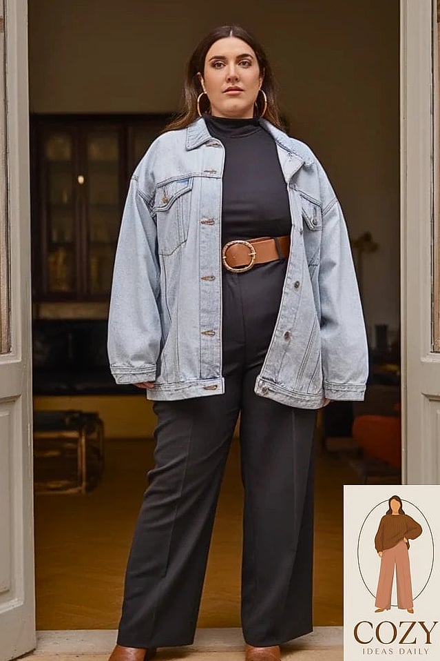 24 Plus Size Looks For Winter That Are Absolutely Stunning 14 Oversized Denim Jacket Over a Turtleneck Dress