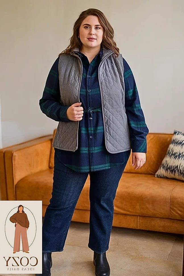 24 Plus Size Looks For Winter That Are Absolutely Stunning 5 The Plaid Flannel Layered Under a Puffer Vest