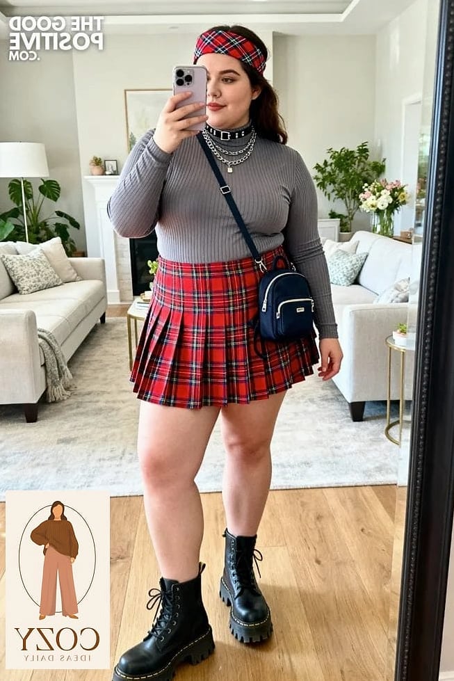 Plaid Mini Skirt With A Graphic Tee