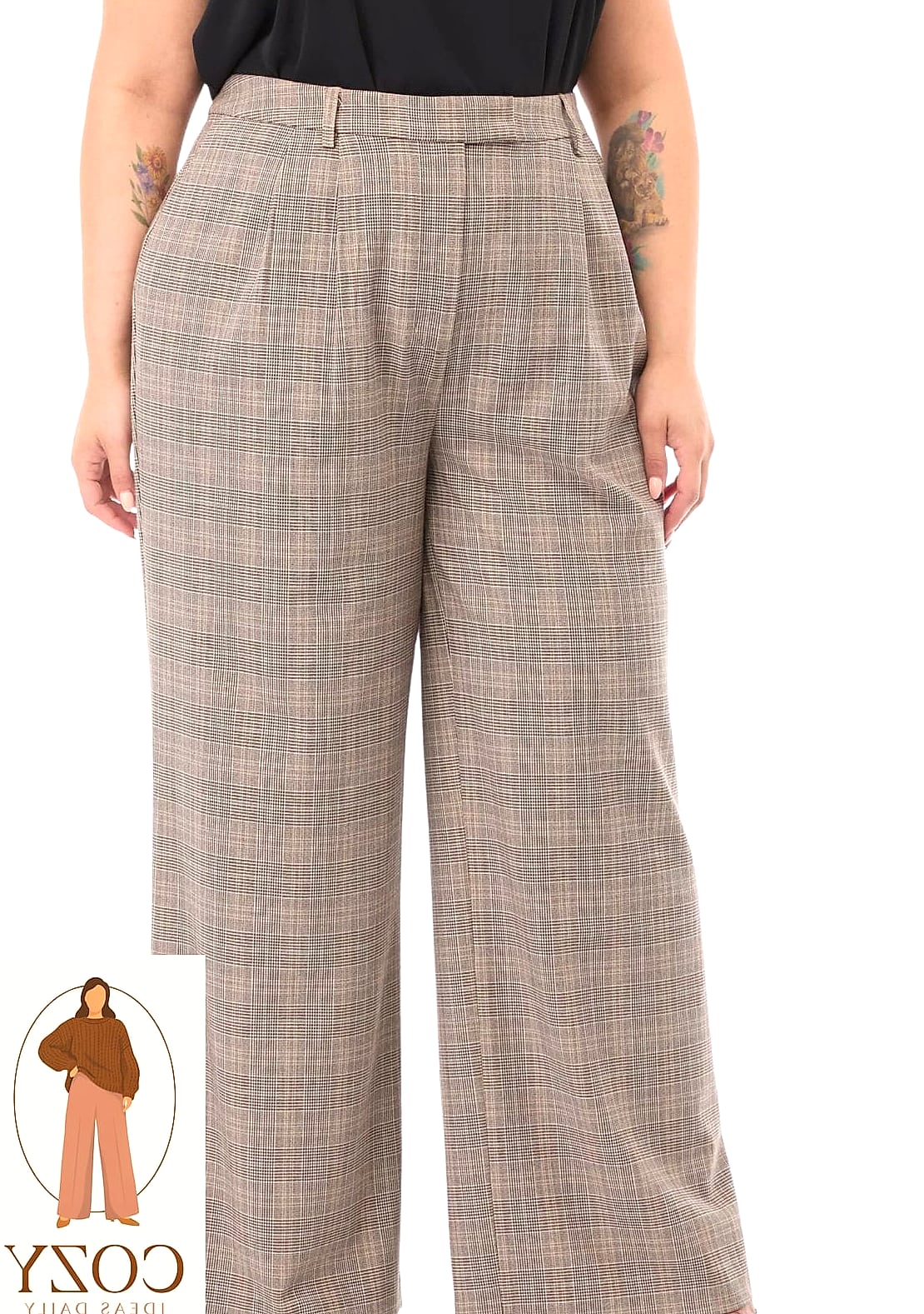 Plaid Trousers With a Solid Fitted Top
