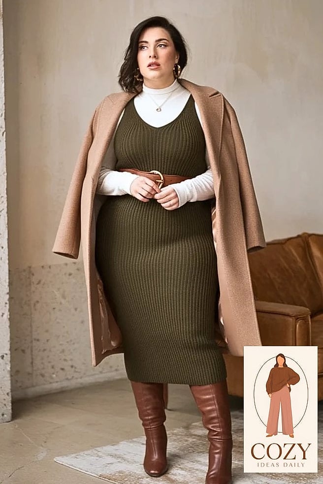 24 Plus Size Looks For Winter That Are Absolutely Stunning 23 Ribbed Knit Midi Dress With a Long Coat