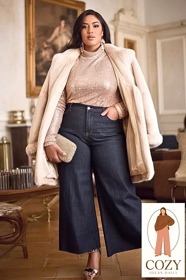 24 Plus Size Looks For Winter That Are Absolutely Stunning 25 Sequin Top With Tailored Trousers