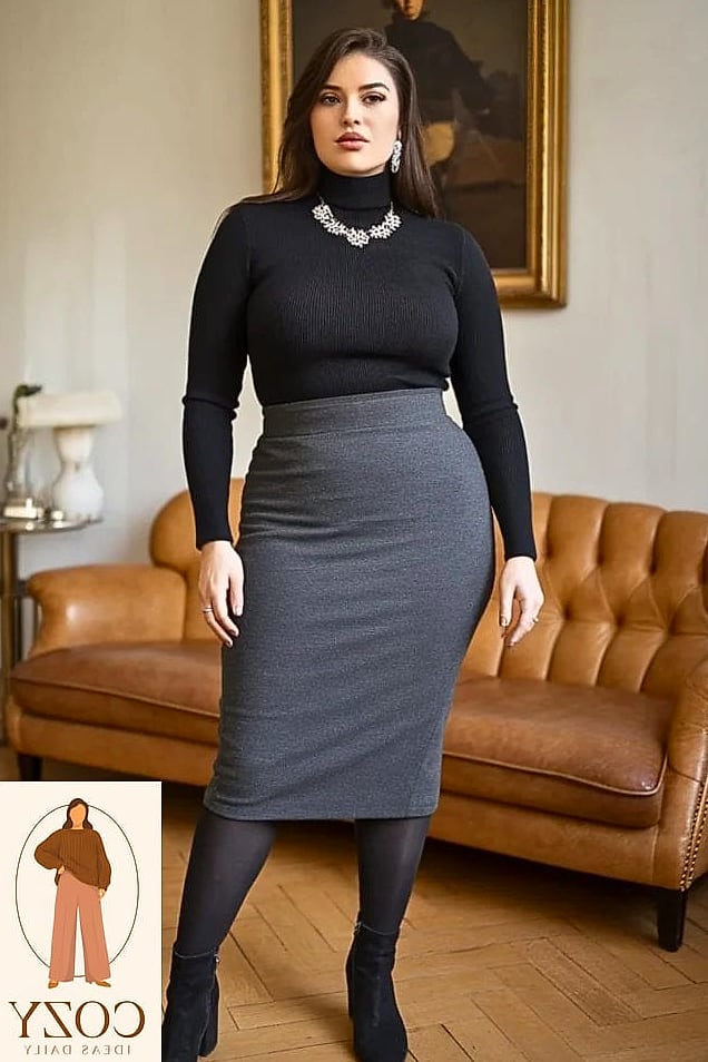 24 Plus Size Looks For Winter That Are Absolutely Stunning 18 Turtleneck Bodysuit With a Midi Skirt