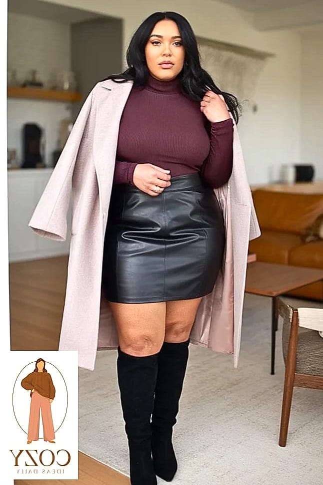 Turtleneck And Leather Mini Skirt